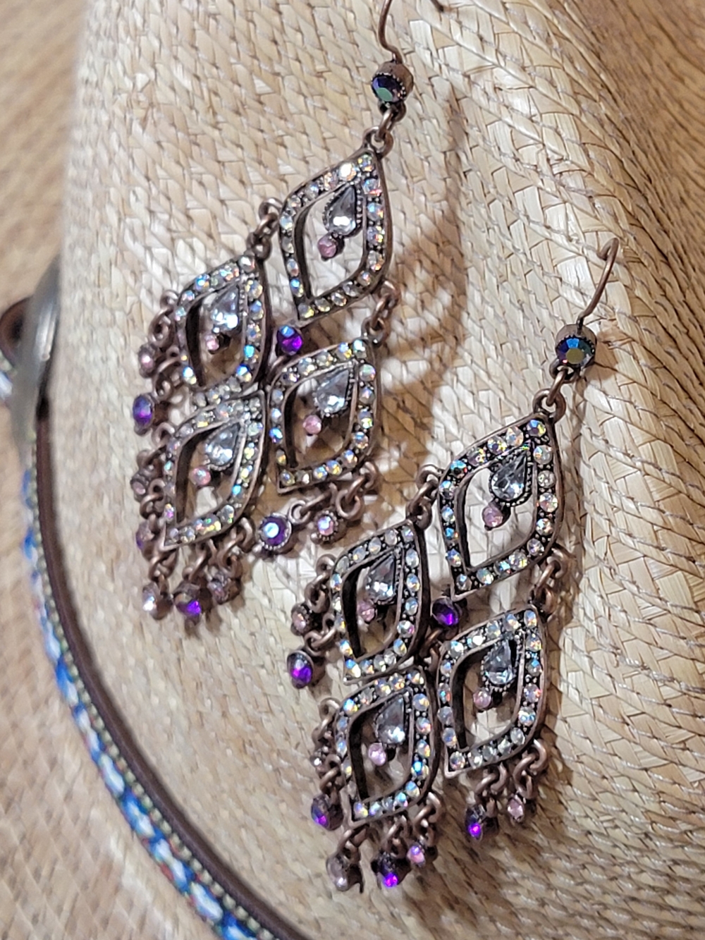 Bohemian Filigree Chandlier Dangle Earrings in Purple Pinkand Iridescent Crystal